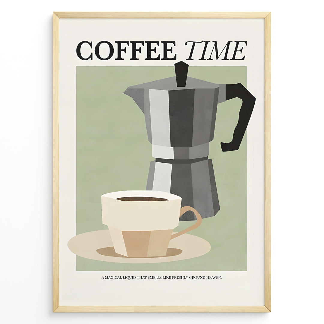 Minimalist Coffee Time poster with cup and moka pot illustration in golden frame.
