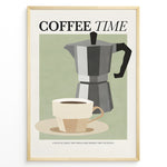 Ladda upp bild till gallerivisning, Minimalist Coffee Time poster with cup and moka pot illustration in golden frame.

