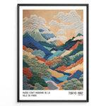 Ladda upp bild till gallerivisning, Vintage Japanese landscape poster with colorful layered mountains, clouds, and trees, framed in black, labeled “Tokyo 1982” and “Musée d’Art Moderne de la Ville de Paris.”
