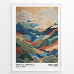Ladda upp bild till gallerivisning, Vintage Japanese landscape poster with colorful layered mountains, clouds, and trees, framed in black, labeled “Tokyo 1982” and “Musée d’Art Moderne de la Ville de Paris.”
