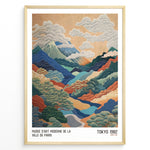 Ladda upp bild till gallerivisning, Vintage Japanese landscape poster with colorful layered mountains, clouds, and trees, framed in black, labeled “Tokyo 1982” and “Musée d’Art Moderne de la Ville de Paris.”
