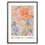 Ladda upp bild till gallerivisning, Botanical Garden poster with hand-painted floral design in pastel orange, blue, and green tones.
