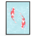 Ladda upp bild till gallerivisning, Illustration of two red and white koi fish swimming in light blue water with soft ripples, framed in a black border.
