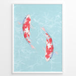 Ladda upp bild till gallerivisning, Illustration of two red and white koi fish swimming in light blue water with soft ripples, framed in a black border.
