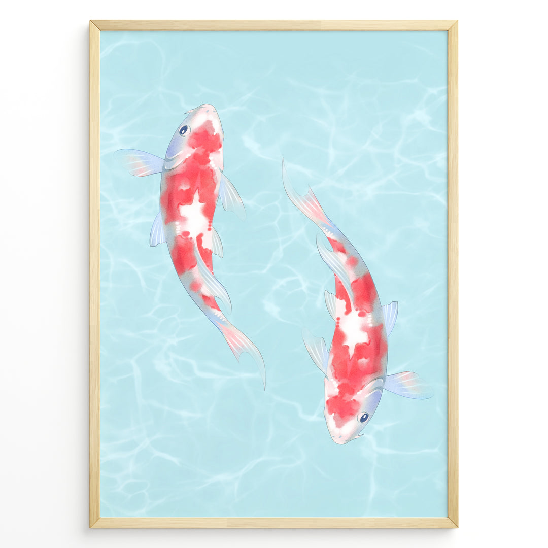 Illustration of two red and white koi fish swimming in light blue water with soft ripples, framed in a black border.