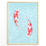 Ladda upp bild till gallerivisning, Illustration of two red and white koi fish swimming in light blue water with soft ripples, framed in a black border.
