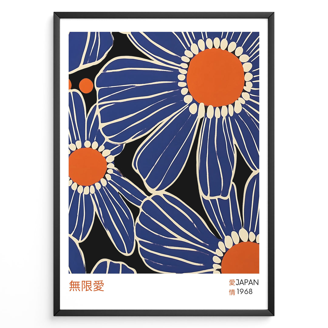 Bold floral poster with large blue flowers, orange centers, cream outlines, and Japanese text, framed in a black border.
