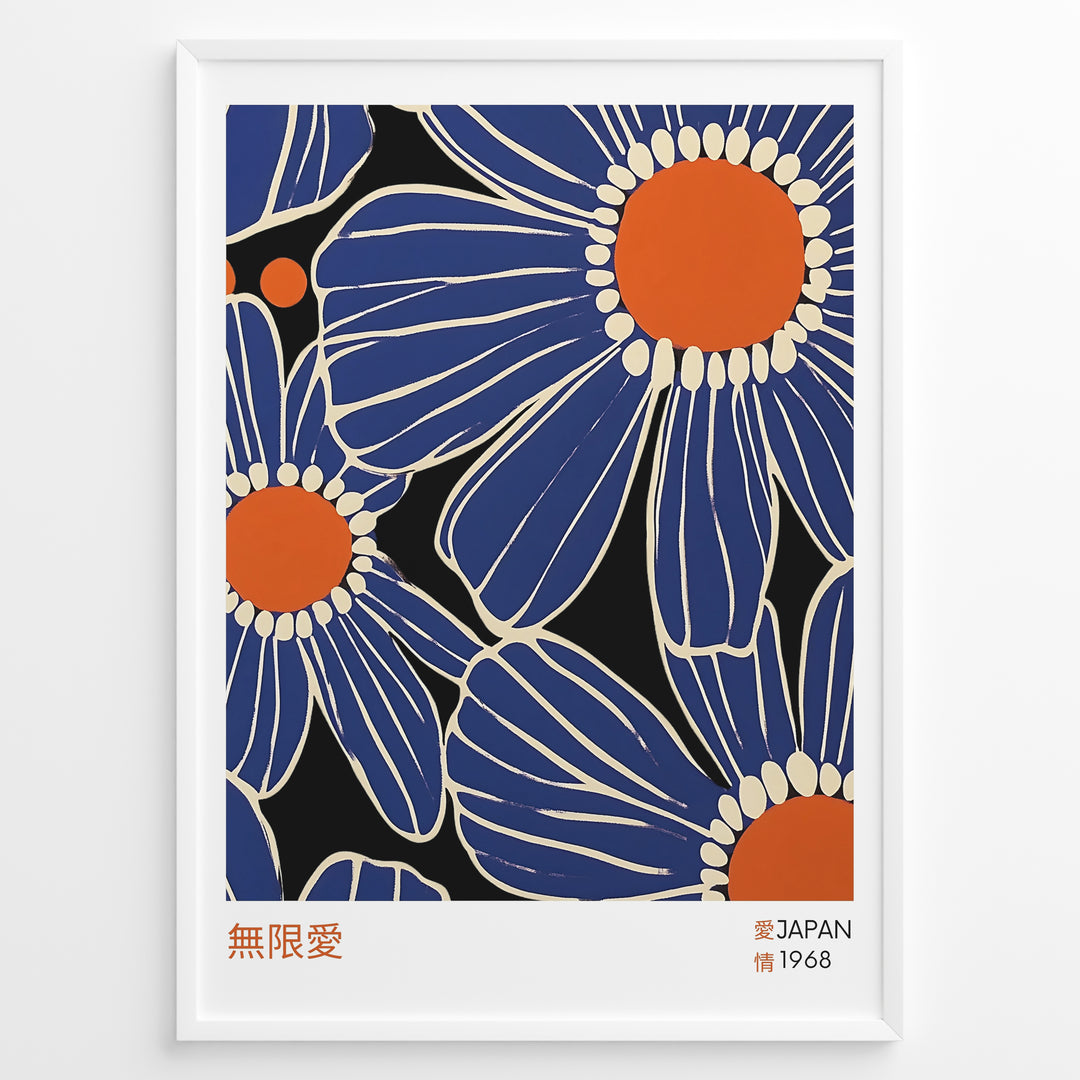 Bold floral poster with large blue flowers, orange centers, cream outlines, and Japanese text, framed in a black border.
