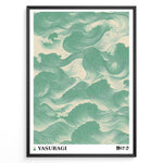 Ladda upp bild till gallerivisning, Japanese wave-pattern poster with flowing green lines on a beige background, titled “Yasuragi,” framed in a black border.
