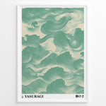Ladda upp bild till gallerivisning, Japanese wave-pattern poster with flowing green lines on a beige background, titled “Yasuragi,” framed in a black border.
