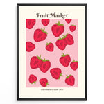 Ladda upp bild till gallerivisning, Fruit Market poster with red strawberry illustrations on a pink background in a black frame.
