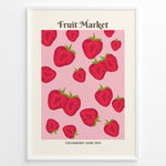 Ladda upp bild till gallerivisning, Fruit Market poster with red strawberry illustrations on a pink background in a white frame.
