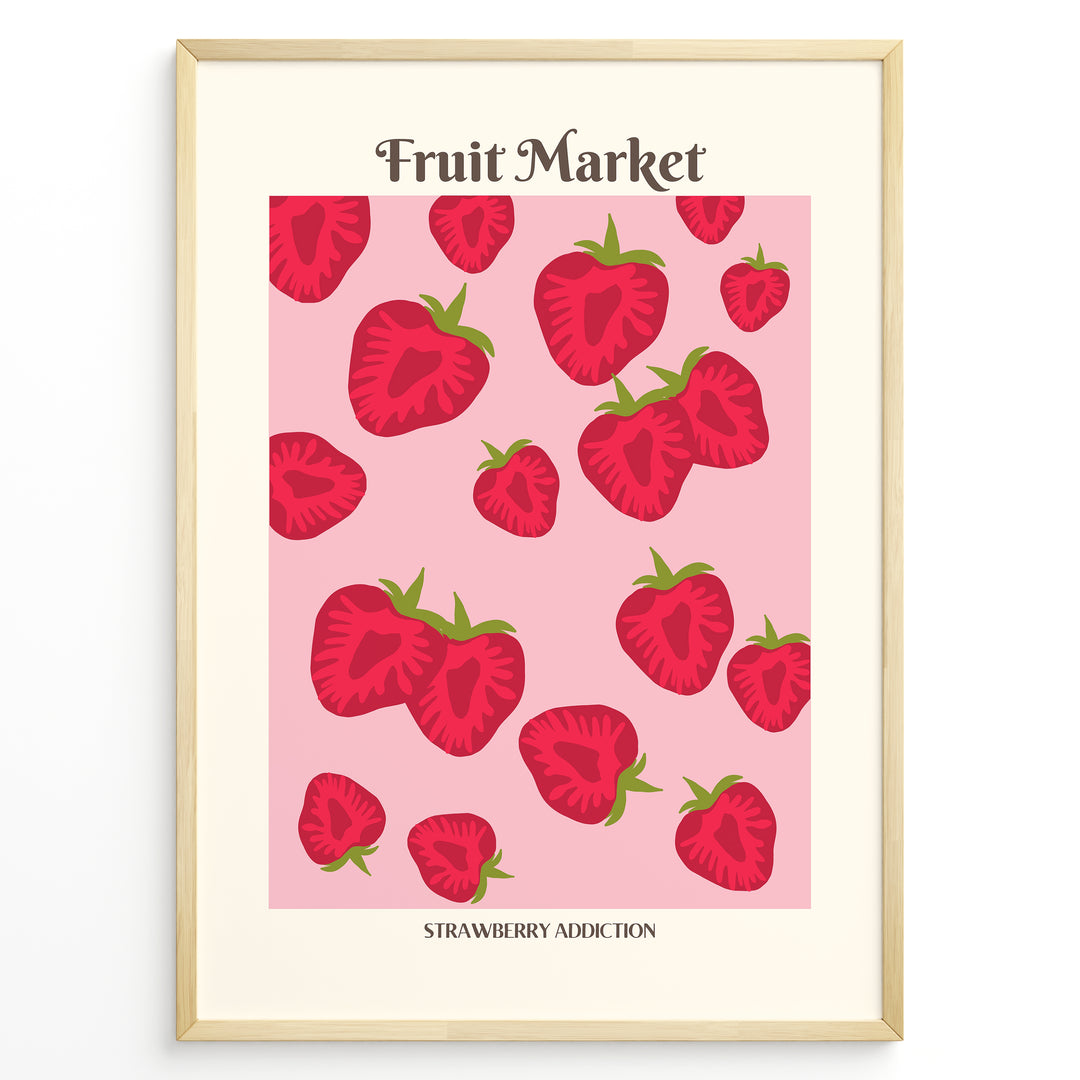 Fruit Market poster with red strawberry illustrations on a pink background in a golden frame.