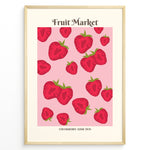 Ladda upp bild till gallerivisning, Fruit Market poster with red strawberry illustrations on a pink background in a golden frame.
