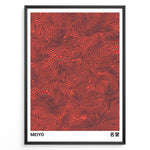 Ladda upp bild till gallerivisning, Abstract Japanese poster with black flowing line patterns on a red background, labeled “Meiyo,” framed in a black border.
