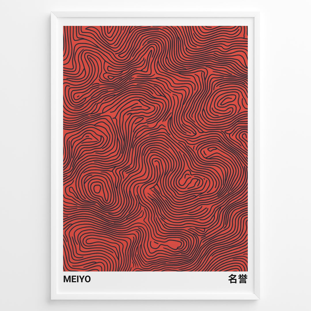 Abstract Japanese poster with black flowing line patterns on a red background, labeled “Meiyo,” framed in a black border.
