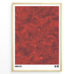 Ladda upp bild till gallerivisning, Abstract Japanese poster with black flowing line patterns on a red background, labeled “Meiyo,” framed in a black border.
