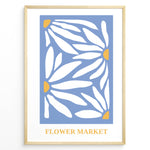 Ladda upp bild till gallerivisning, Blue Petals Plakat | Flower Market Poster | Hvide blomsterformer med gule centre på blå baggrund
