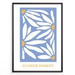 Ladda upp bild till gallerivisning, Blue Petals Plakat | Flower Market Poster | Hvide blomsterformer med gule centre på blå baggrund
