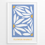 Ladda upp bild till gallerivisning, Blue Petals Plakat | Flower Market Poster | Hvide blomsterformer med gule centre på blå baggrund
