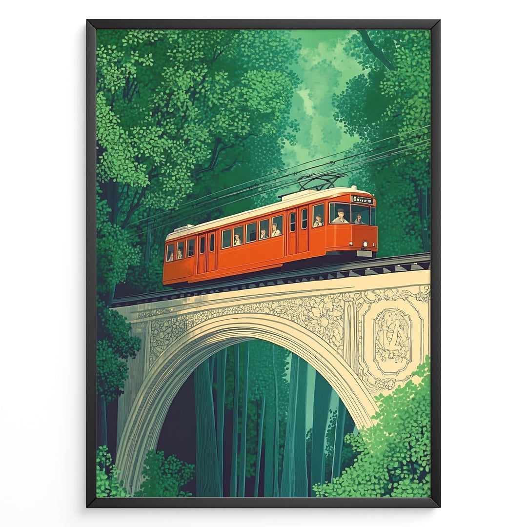 Vintage-style poster of a red tram crossing a decorative stone bridge in a dense green forest, framed in a black border.