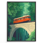 Ladda upp bild till gallerivisning, Vintage-style poster of a red tram crossing a decorative stone bridge in a dense green forest, framed in a black border.

