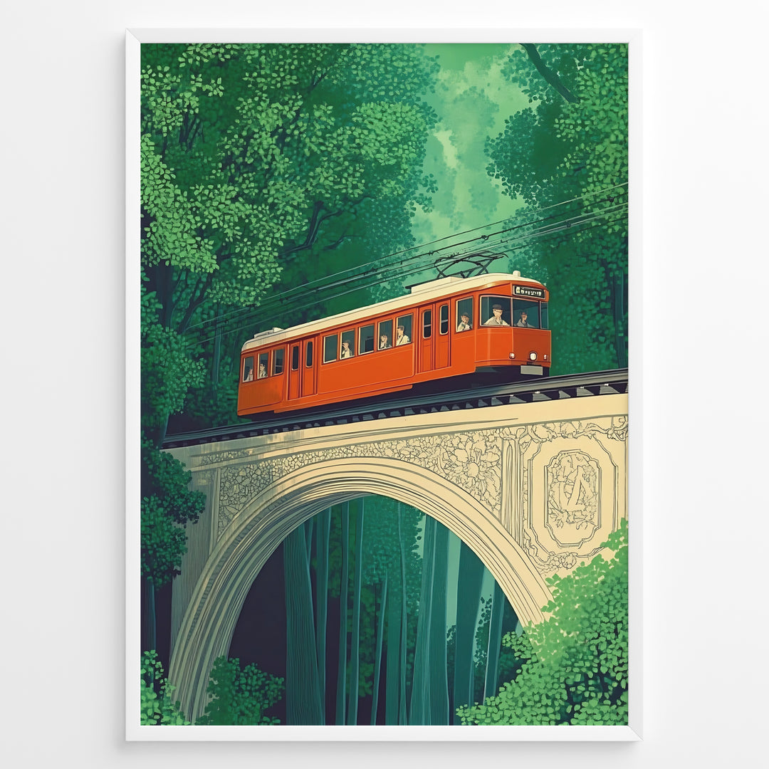 Vintage-style poster of a red tram crossing a decorative stone bridge in a dense green forest, framed in a black border.