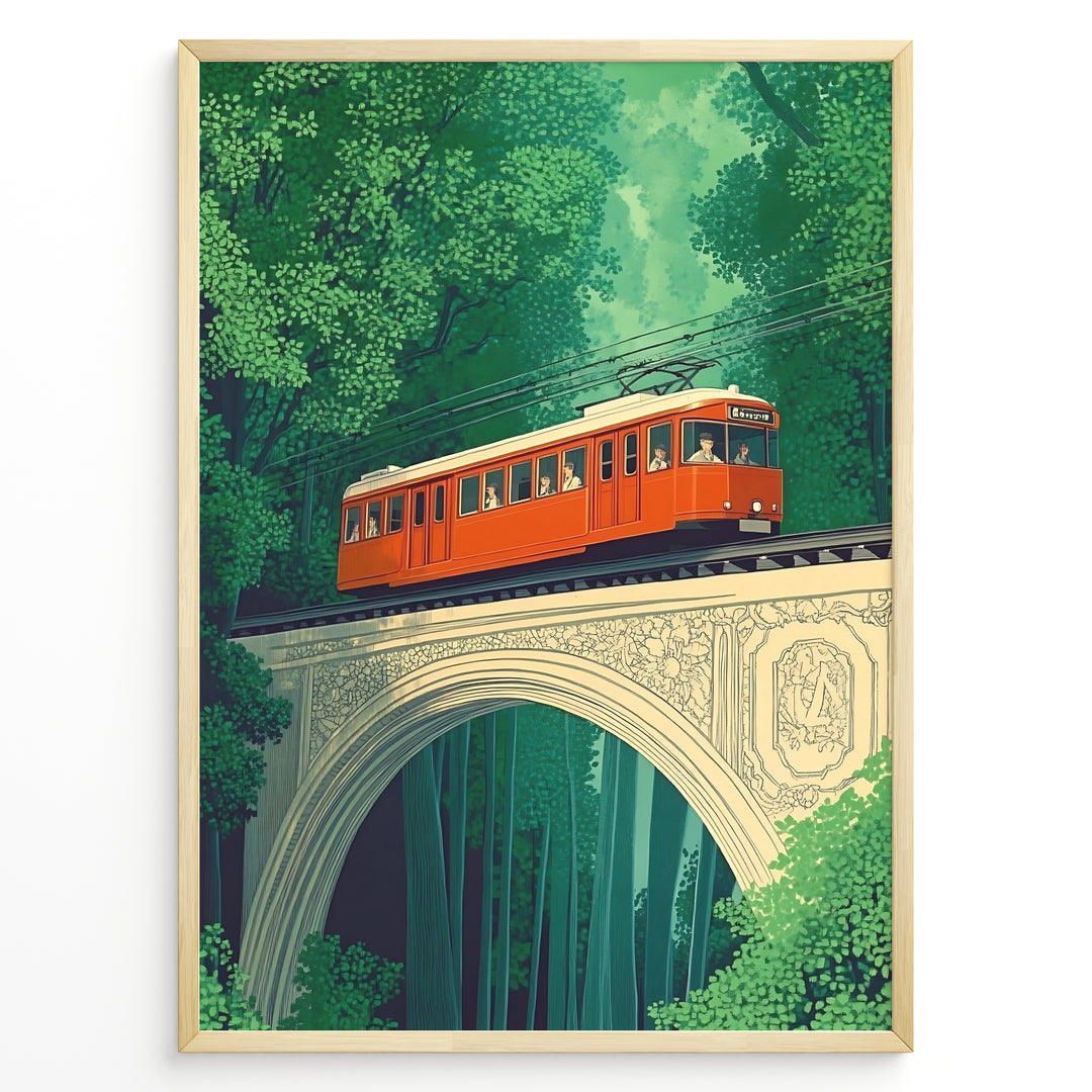 Vintage-style poster of a red tram crossing a decorative stone bridge in a dense green forest, framed in a black border.