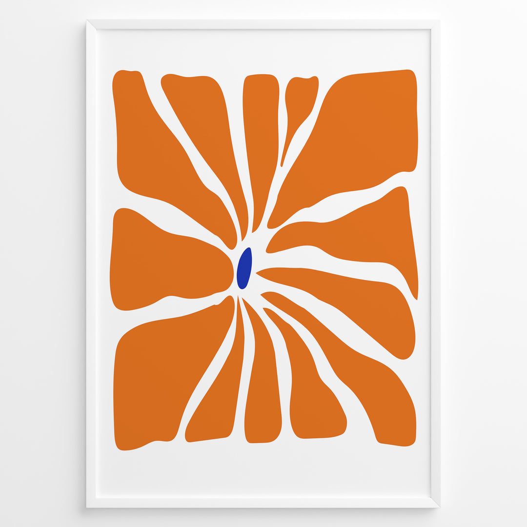 Radiant Bloom Plakat | Matisse Poster | Dynamisk orange blomstermønster omkring en dybblå oval