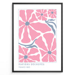 Ladda upp bild till gallerivisning, Papiers Découpés Floral Plakat | Matisse Poster | Store pink blomster med blå centre og stiliserede blå stængler
