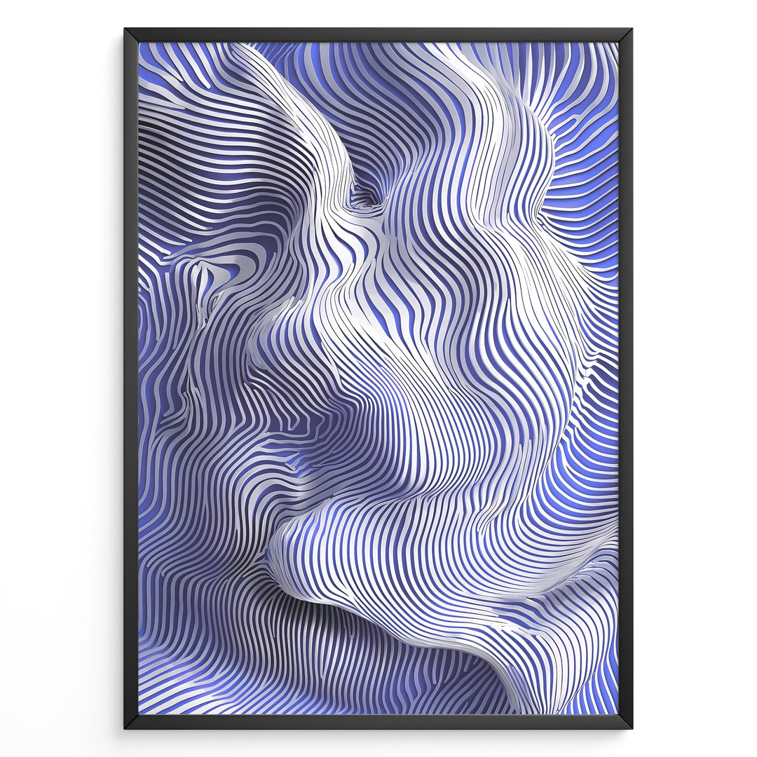 Abstract poster featuring flowing blue and white contour lines forming a wave-like 3D motion effect, framed in a black border.