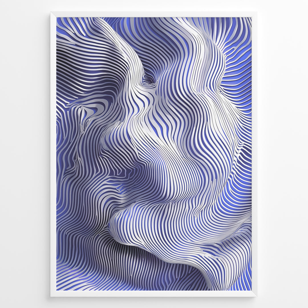 Abstract poster featuring flowing blue and white contour lines forming a wave-like 3D motion effect, framed in a black border.