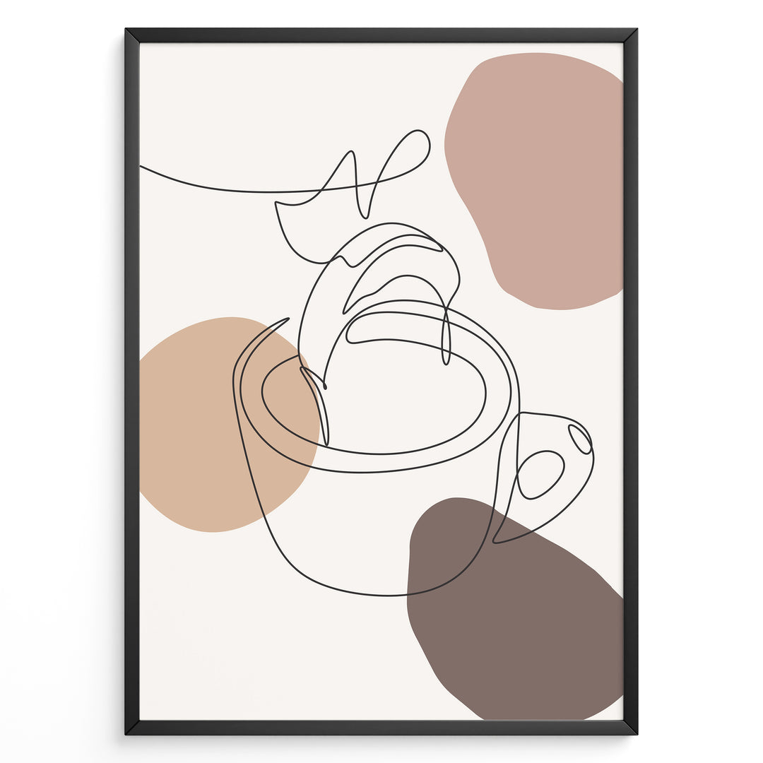 Abstract line art poster of a hand pouring coffee into a cup with beige and brown shapes.
