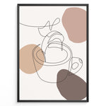 Ladda upp bild till gallerivisning, Abstract line art poster of a hand pouring coffee into a cup with beige and brown shapes.
