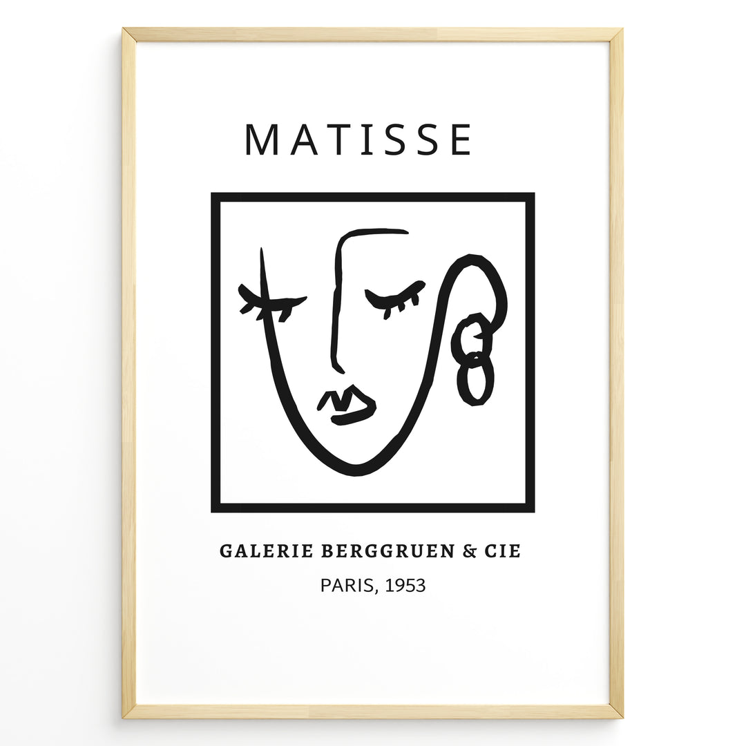 Galerie Berggruen Face Plakat | Matisse Poster | Minimalistisk line drawing af et ansigt med teksten "Matisse" og "Galerie Berggruen & Cie, Paris, 1953"