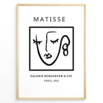 Ladda upp bild till gallerivisning, Galerie Berggruen Face Plakat | Matisse Poster | Minimalistisk line drawing af et ansigt med teksten &quot;Matisse&quot; og &quot;Galerie Berggruen &amp; Cie, Paris, 1953&quot;

