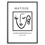 Ladda upp bild till gallerivisning, Galerie Berggruen Face Plakat | Matisse Poster | Minimalistisk line drawing af et ansigt med teksten &quot;Matisse&quot; og &quot;Galerie Berggruen &amp; Cie, Paris, 1953&quot;
