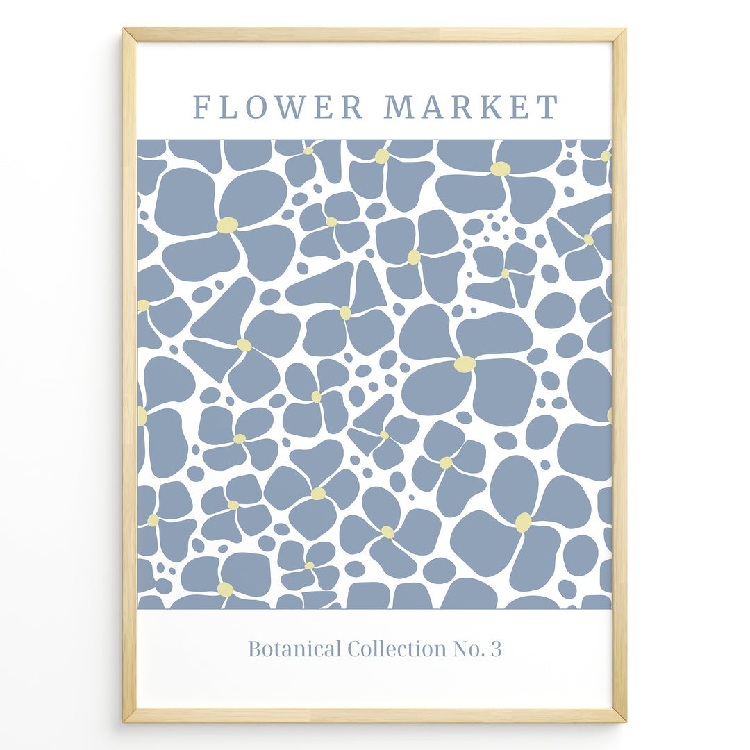 Flower Market No. 3 Plakat | Matisse Poster | Blå blomster i tæt mønster med teksten "Botanical Collection No. 3"