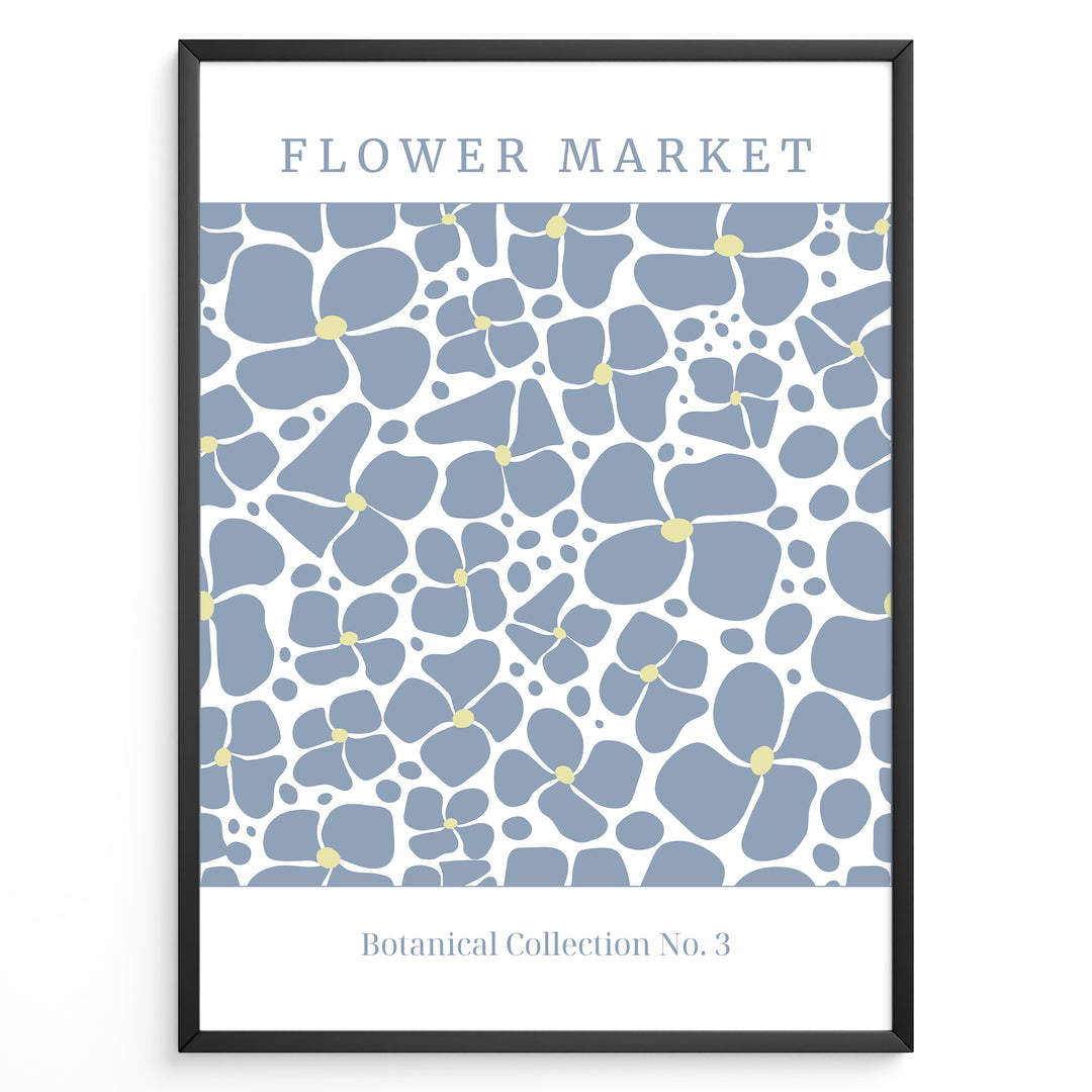 Flower Market No. 3 Plakat | Matisse Poster | Blå blomster i tæt mønster med teksten "Botanical Collection No. 3"