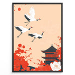 Ladda upp bild till gallerivisning, Japanese-style poster with three flying cranes, red floral elements, and a traditional temple against a soft peach background, framed in black.
