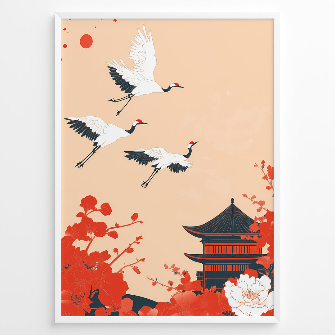 Japanese-style poster with three flying cranes, red floral elements, and a traditional temple against a soft peach background, framed in black.