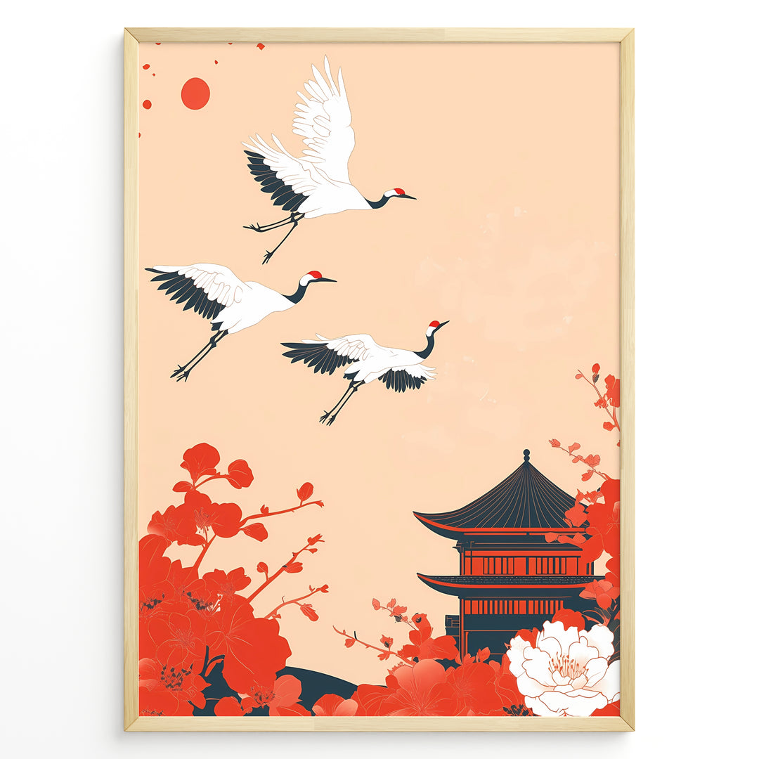 Japanese-style poster with three flying cranes, red floral elements, and a traditional temple against a soft peach background, framed in black.