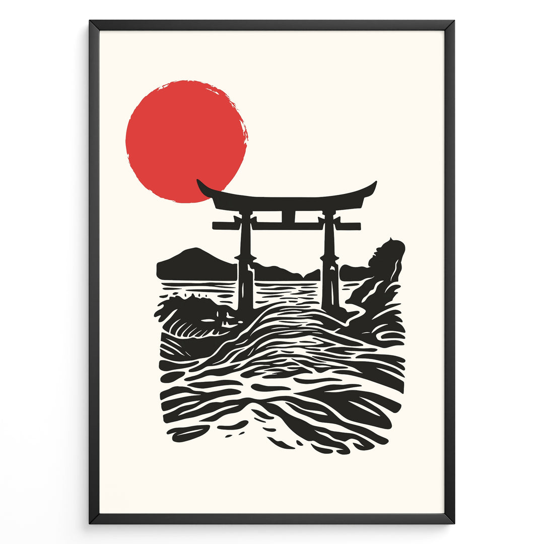 Minimal Japanese poster with a torii gate over ocean waves and a large red sun, in black and red on a cream background, framed in black.