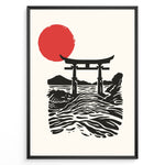 Ladda upp bild till gallerivisning, Minimal Japanese poster with a torii gate over ocean waves and a large red sun, in black and red on a cream background, framed in black.
