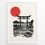 Ladda upp bild till gallerivisning, Minimal Japanese poster with a torii gate over ocean waves and a large red sun, in black and red on a cream background, framed in black.
