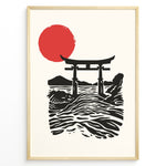 Ladda upp bild till gallerivisning, Minimal Japanese poster with a torii gate over ocean waves and a large red sun, in black and red on a cream background, framed in black.
