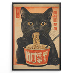 Ladda upp bild till gallerivisning, Vintage Japanese poster of a black cat eating ramen noodles from a cup, with warm orange and beige tones and stylized text, framed in black.
