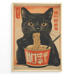 Ladda upp bild till gallerivisning, Vintage Japanese poster of a black cat eating ramen noodles from a cup, with warm orange and beige tones and stylized text, framed in black.
