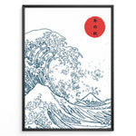 Ladda upp bild till gallerivisning, Minimal Japanese wave illustration with bold blue line art, a large wave, Mount Fuji, and a red sun with Japanese text, framed in black.
