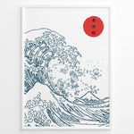 Ladda upp bild till gallerivisning, Minimal Japanese wave illustration with bold blue line art, a large wave, Mount Fuji, and a red sun with Japanese text, framed in black.
